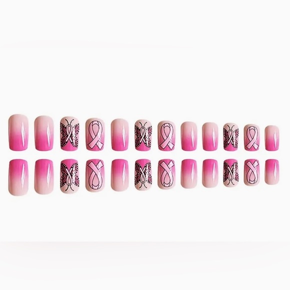 24 pcs glossy short square press on nails- pink Cancer ribbons 🎀 - Picture 3 of 5